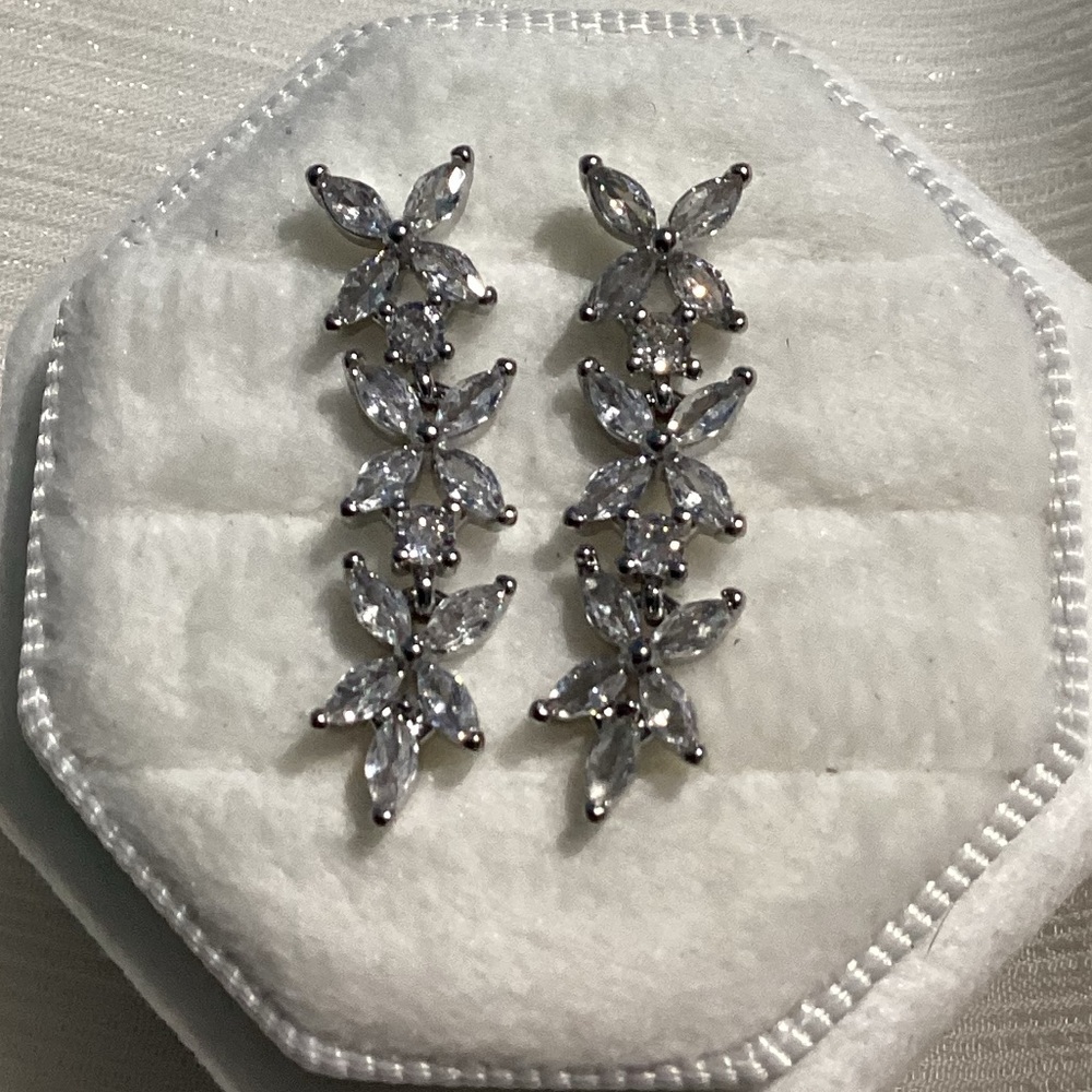 CZ Floral Drop Earrings Silver Tone Marquise Cut Statement Dangle Earrings